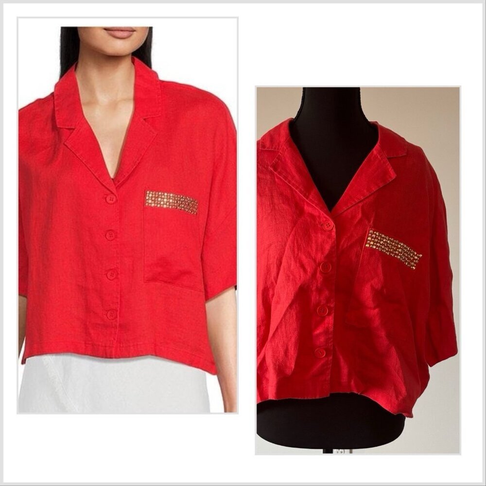 NEW DKNY Linen Crop Top Short Sleeve Shirt Embellished Pocket Women’s M Resort